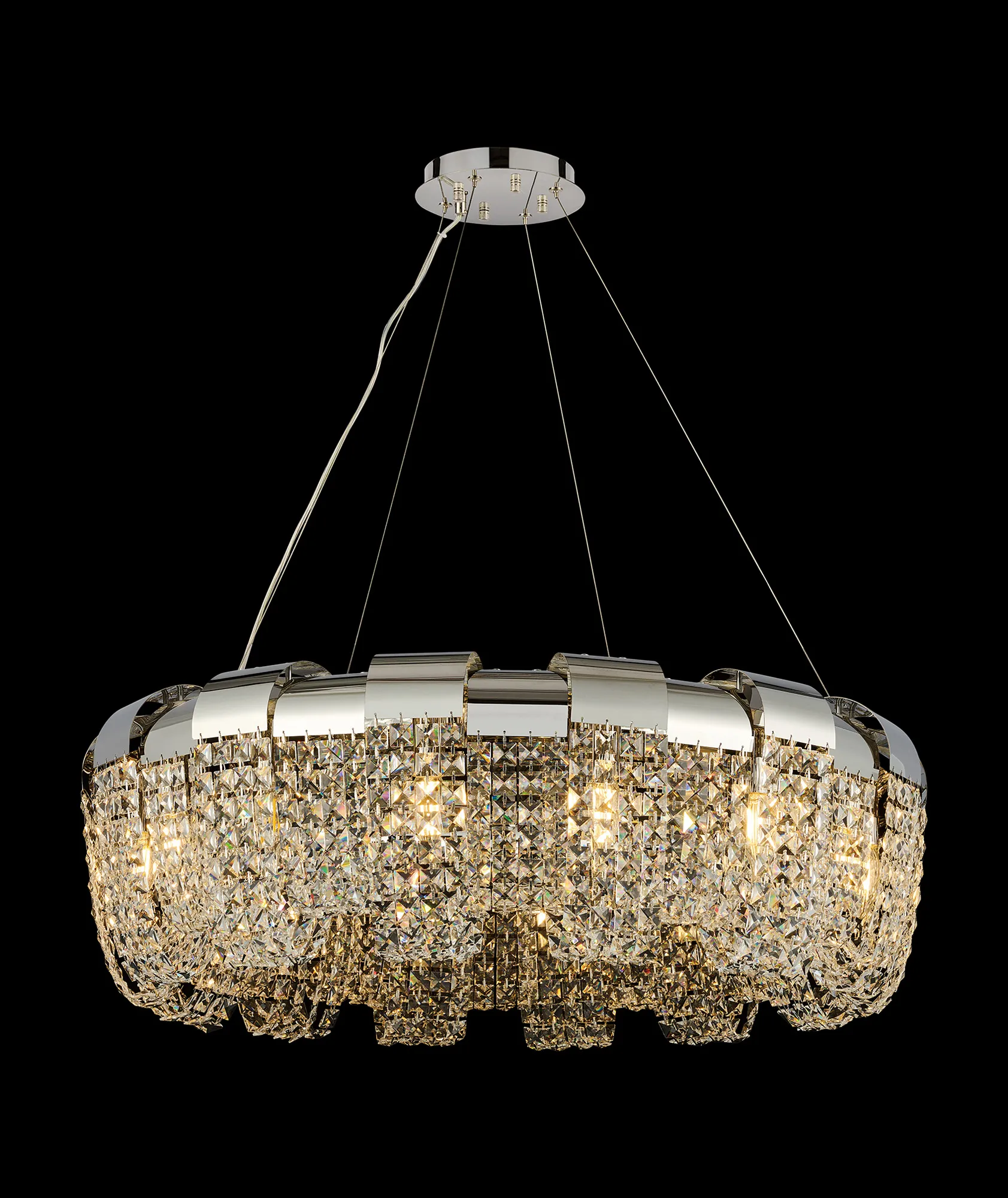 Kalani Polished Nickel Crystal Ceiling Lights Diyas Ringed & Square Crystal Fittings